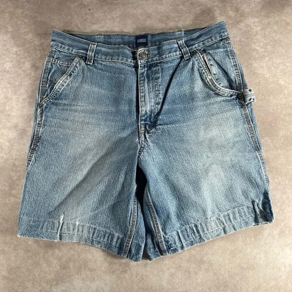 Vintage 00s Basic Editions Men's Waist 34 Denim Jean Shorts Carpenter Light Wash